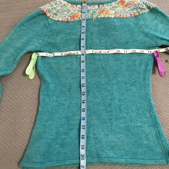 Free People light teal embroidered sweater. - Picture 7 of 7